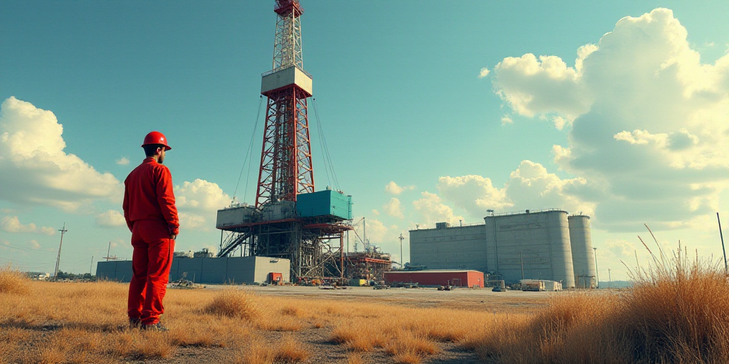 a man in a red suit standing in front of a drilling rig and a building with a sky background, Dahlov