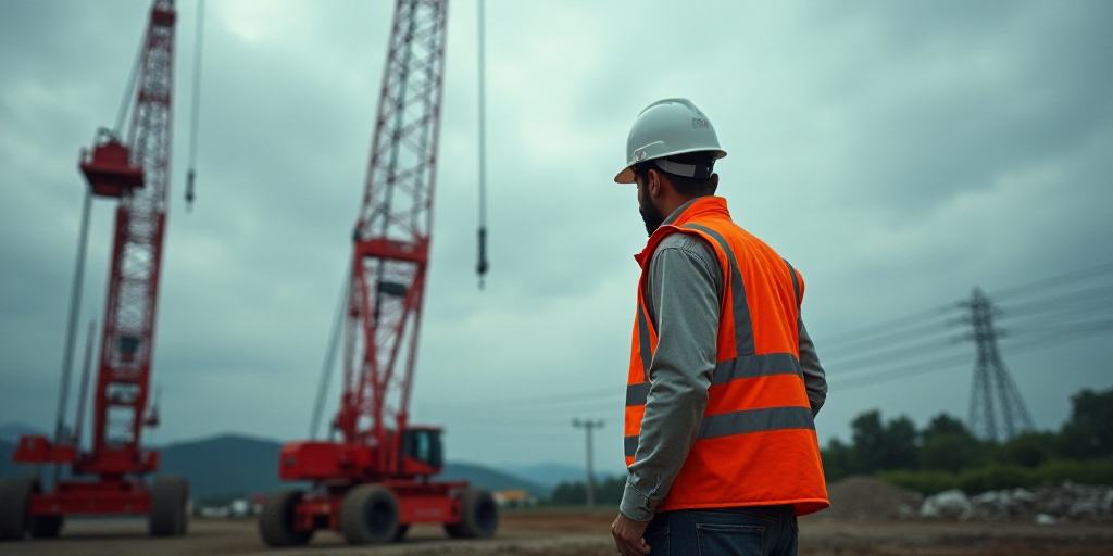 a man in a safety vest standing next to a red crane on a cloudy day with power lines in the backgrou