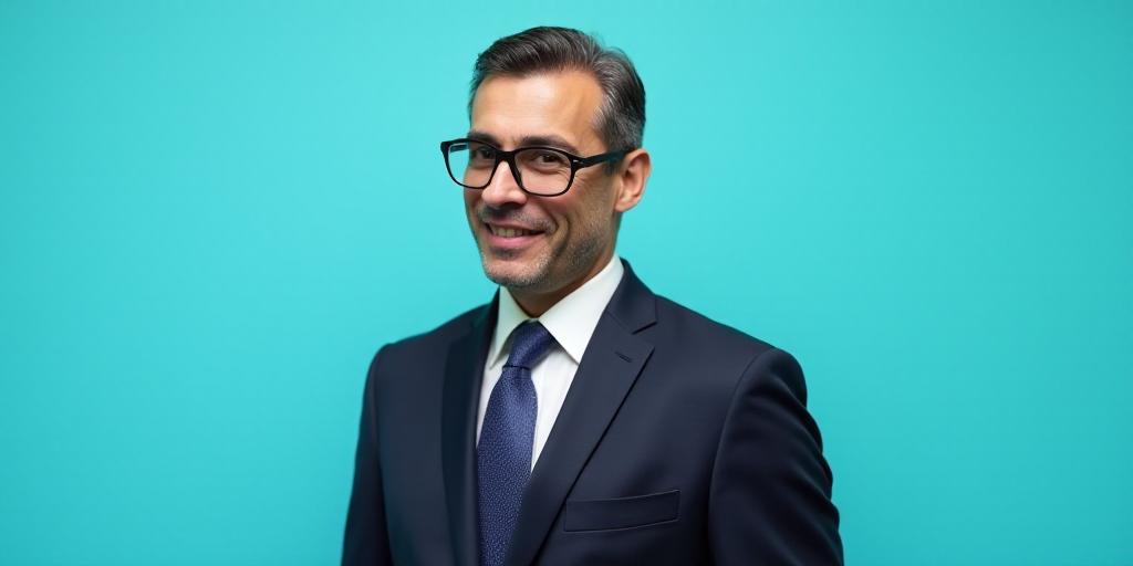 a man in a suit and glasses standing in front of a blue background with a black and white photo, Est