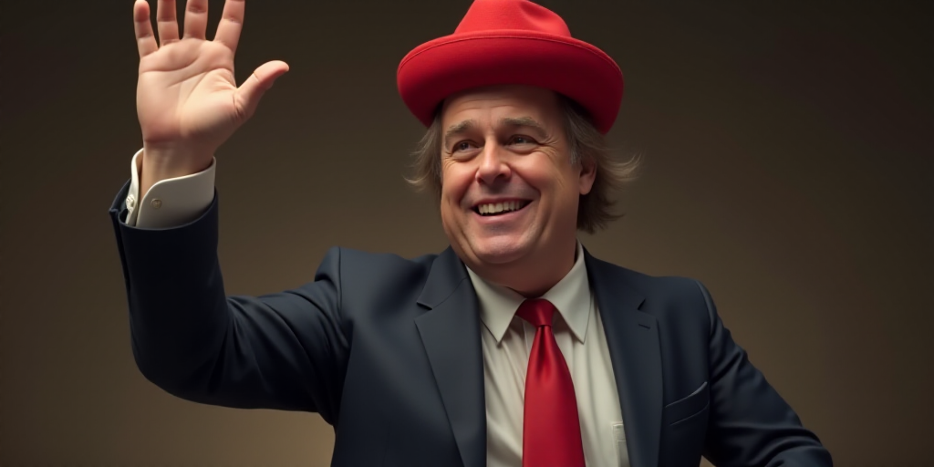 a man in a suit and red tie with a red hat on his head and his arm raised up, Donald Roller Wilson,