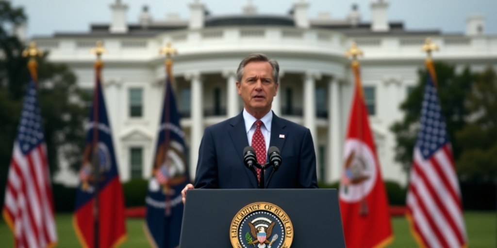 a man in a suit and tie giving a speech at a podium with flags behind him and a white house in the b