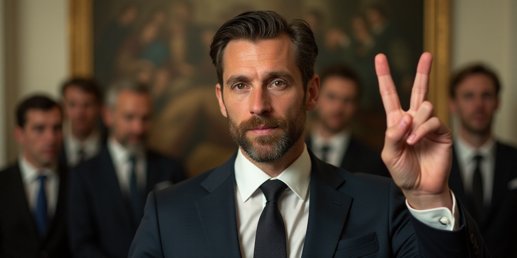 a man in a suit and tie giving a peace sign with his fingers while others look on in the background,
