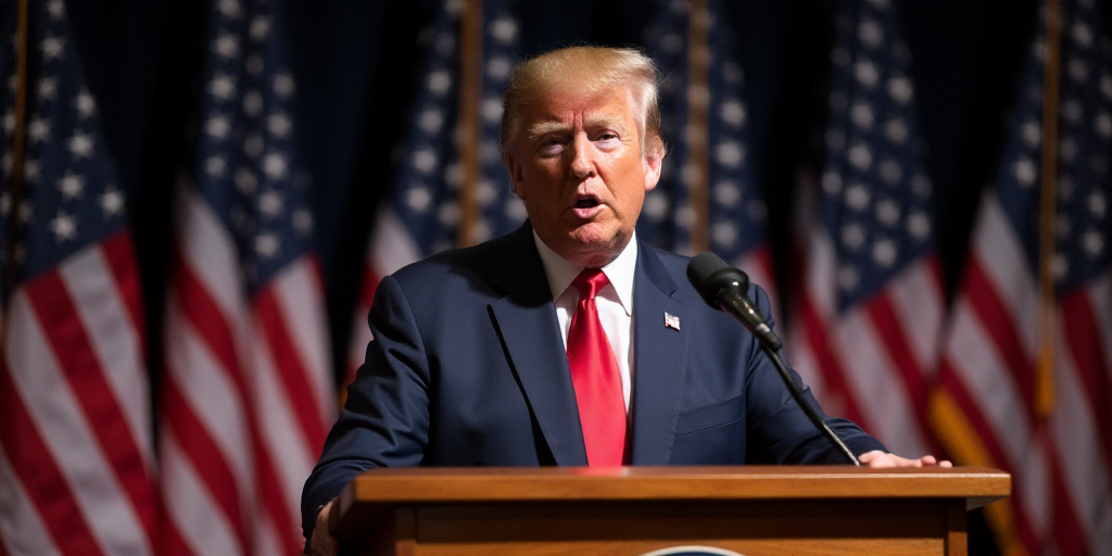 a man in a suit and tie giving a speech at a podium with american flags behind him and a microphone