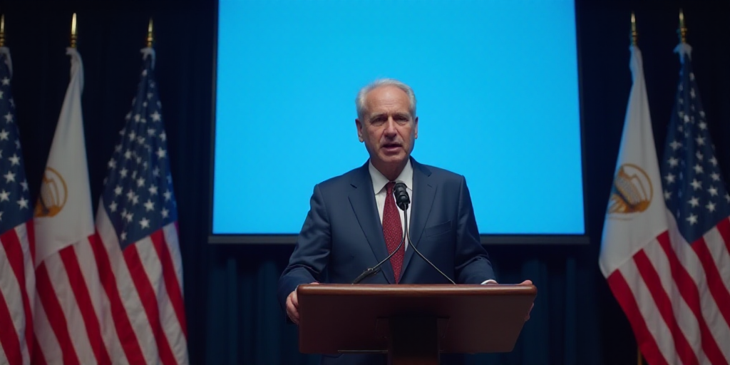 a man in a suit and tie giving a speech at a podium with flags behind him and a blue screen behind h