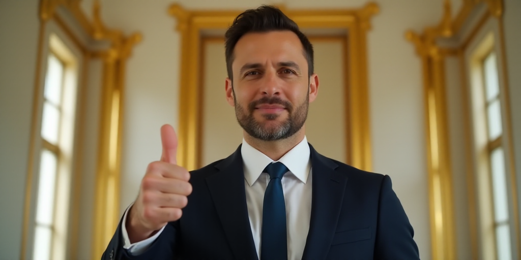 a man in a suit and tie giving a thumbs up sign in a room with gold and white walls, Donald Roller W