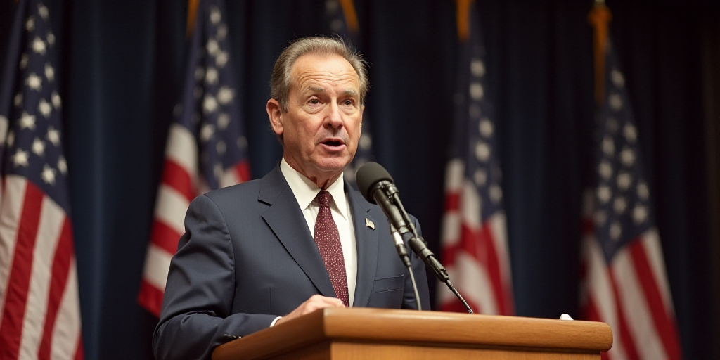 a man in a suit and tie giving a speech at a podium with flags behind him and a microphone in the fo
