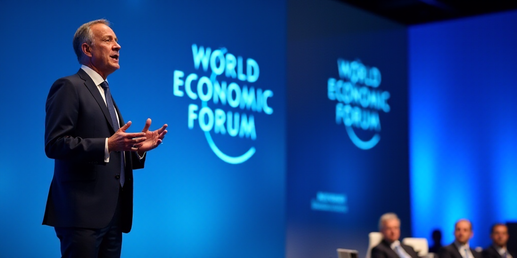 a man in a suit and tie giving a speech at a conference hall with a blue background and a world econ