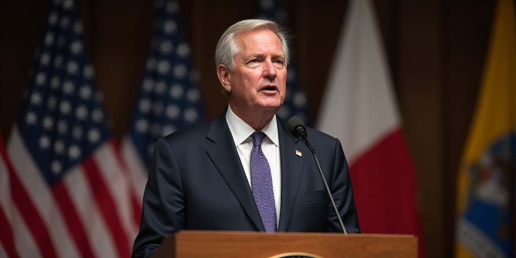 a man in a suit and tie giving a speech at a podium with flags behind him and a microphone in front
