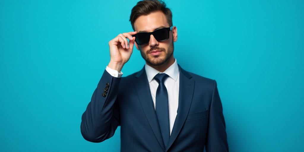 a man in a suit and tie holding up a pair of sunglasses to his face with a blue background, Bourgeoi