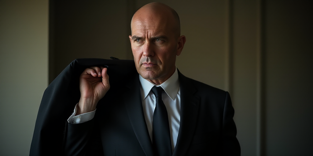 a man in a suit and tie holding a jacket over his shoulder and looking off to the side with a seriou