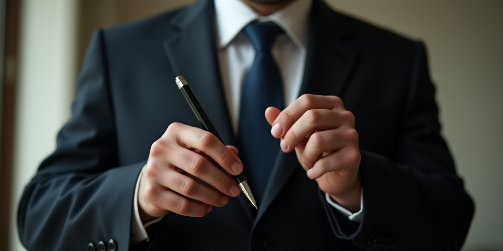 a man in a suit and tie holding a pen in his hands and gesturing to the camera with his hands, david