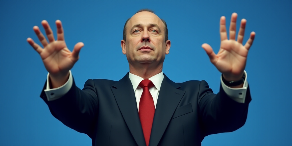 a man in a suit and tie is holding his hands up in front of him and a blue background, Boris Vladimi