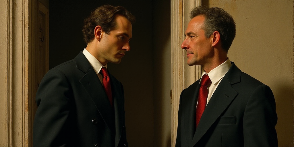 a man in a suit and tie is talking to someone in a doorway with a red tie on and a white shirt, Fra
