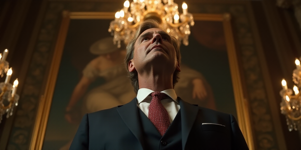a man in a suit and tie looking up at the ceiling with a chandelier behind him and a chandelier behi