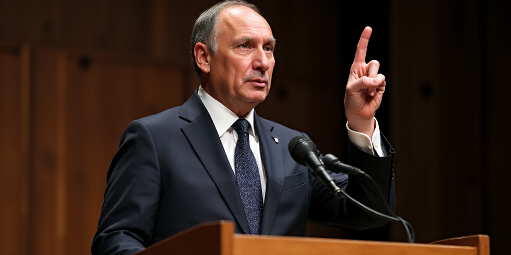 a man in a suit and tie making a finger sign with his hand while standing at a podium with a microph