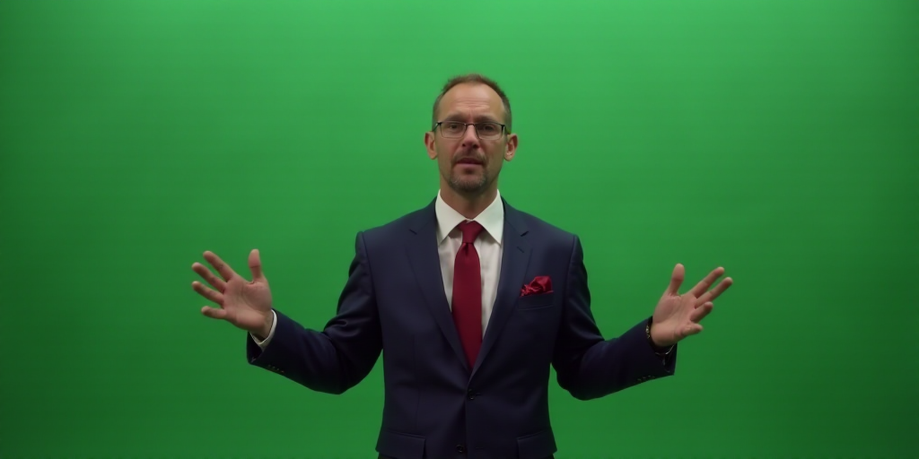 a man in a suit and tie making a gesture with his hands while standing in front of a green wall, Art