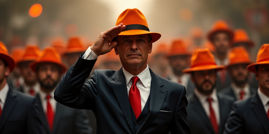 a man in a suit and tie saluting to a crowd of people in suits and hats, all wearing hats, Donald Ro