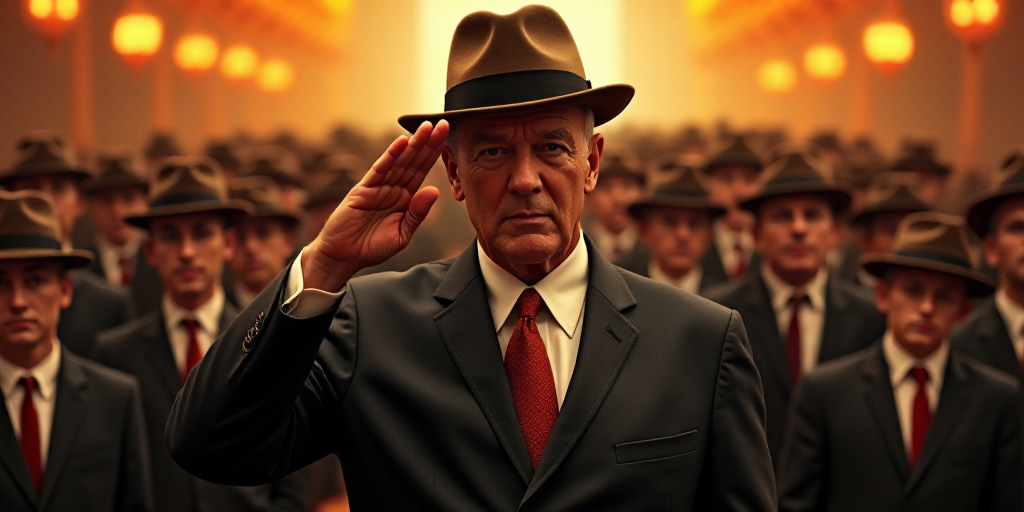 a man in a suit and tie saluting to a crowd of people in suits and hats, all wearing hats, Donald Ro