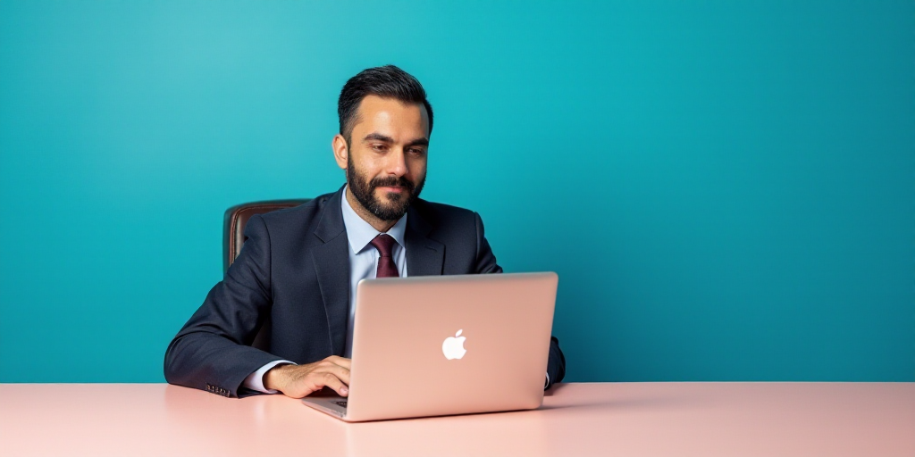 a man in a suit and tie sitting at a table with a laptop computer in front of him and a blue backgro