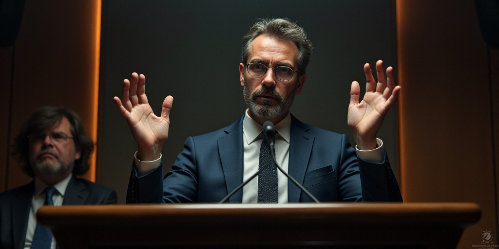 a man in a suit and tie sitting at a podium with his hands up in front of him and a microphone behin