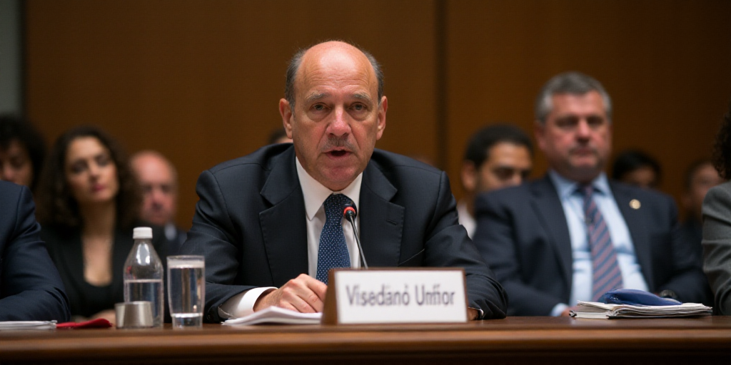 a man in a suit and tie sitting at a table with a microphone in front of him and a plaque in the bac