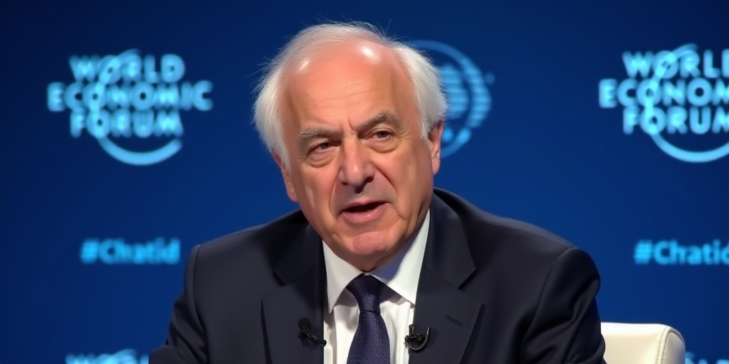 a man in a suit and tie sitting in front of a microphone and a blue backdrop with the words world ec