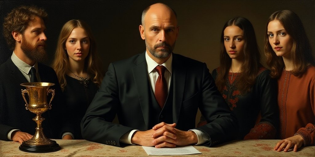 a man in a suit and tie sitting at a table with other people in the background and a trophy on the t