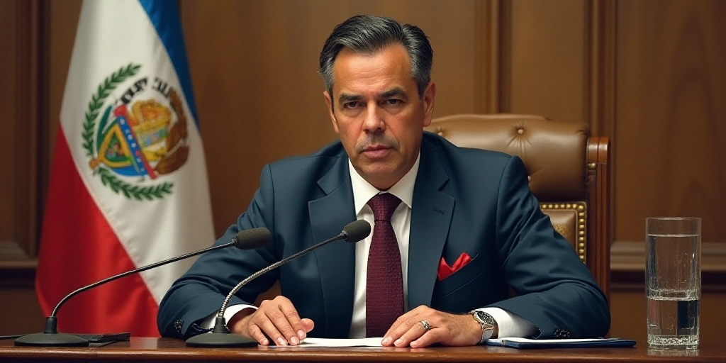 a man in a suit and tie sitting at a table with a microphone in front of him and a flag behind him,