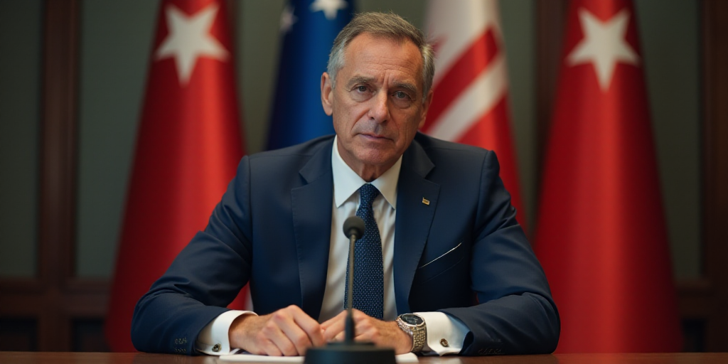 a man in a suit and tie sitting at a table with a microphone in front of him and a flag behind him,