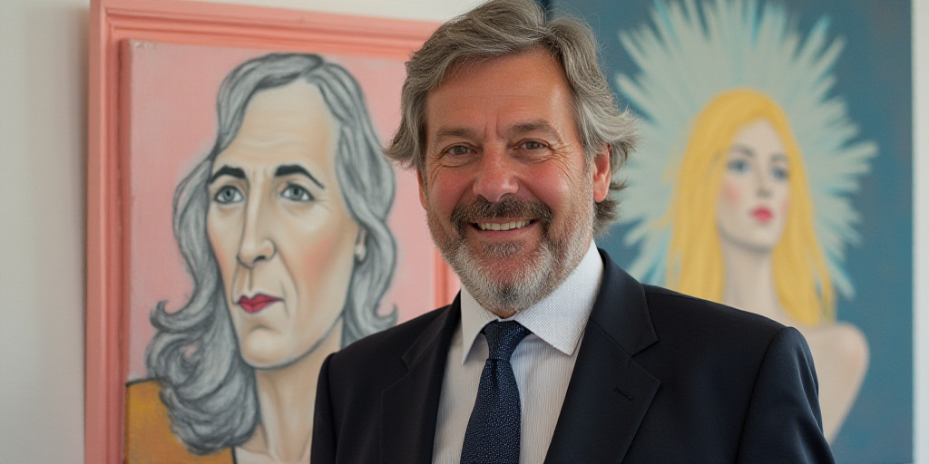 a man in a suit and tie smiling for the camera with a sign behind him that says julia ingleson, Anto