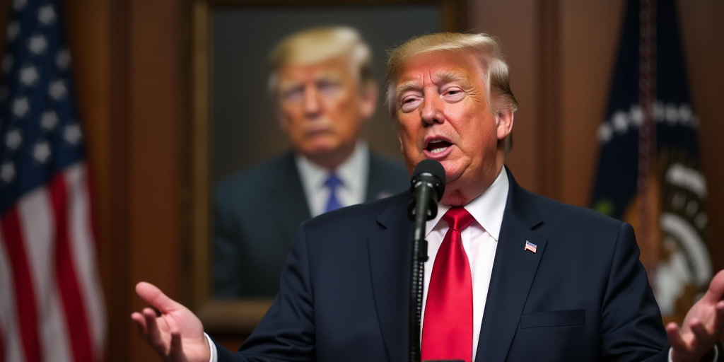 a man in a suit and tie speaking into a microphone in front of a flag and a picture of president tru