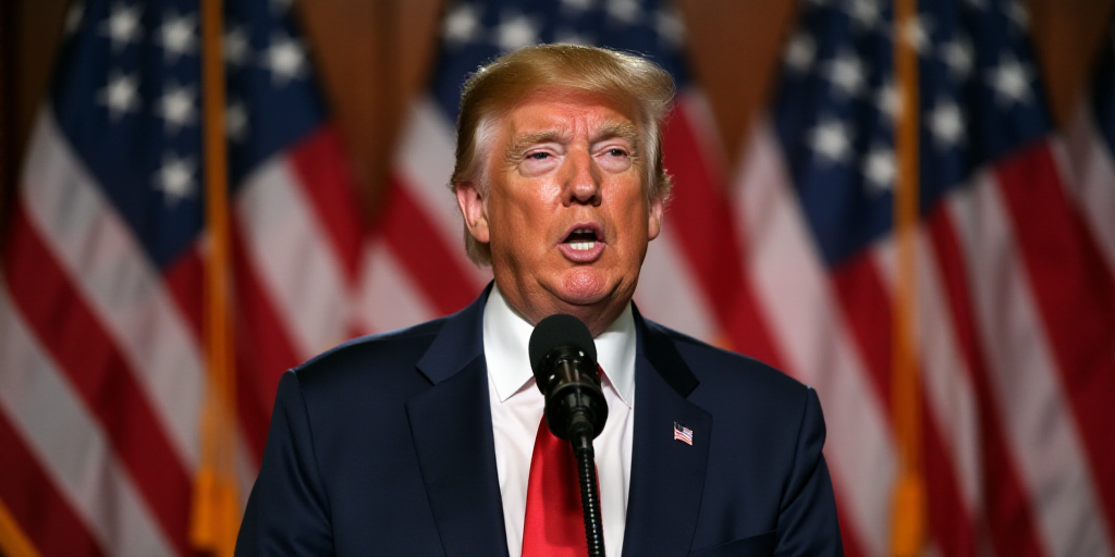 a man in a suit and tie speaking into a microphone with american flags behind him and a microphone i