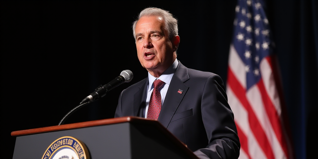 a man in a suit and tie speaking at a podium with a flag behind him and a microphone in front of him