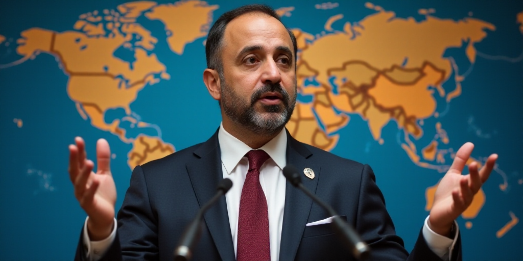 a man in a suit and tie speaking into a microphone with his hands out in front of him and a world ma