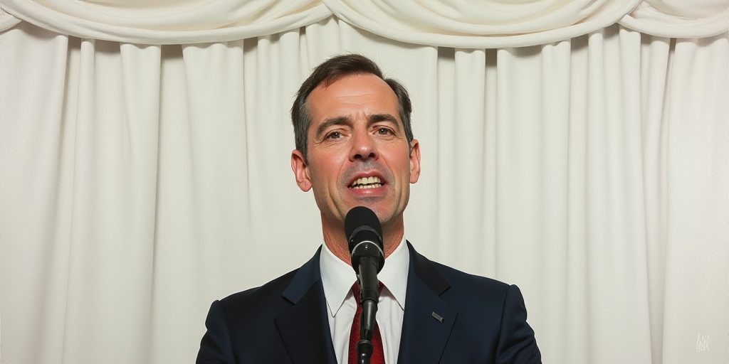 a man in a suit and tie speaking into a microphone in front of a white wall with a white curtain, Do