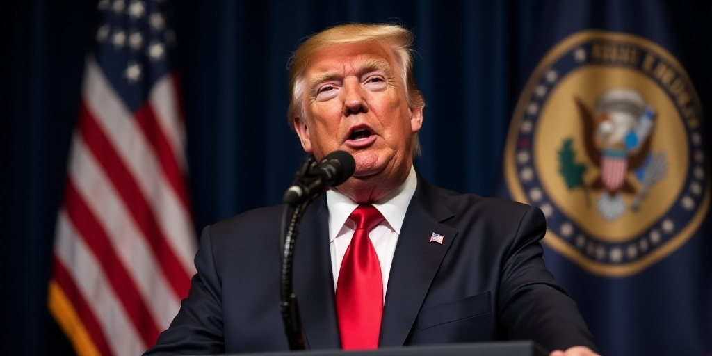 a man in a suit and tie speaking into a microphone in front of a flag and a picture of president tru
