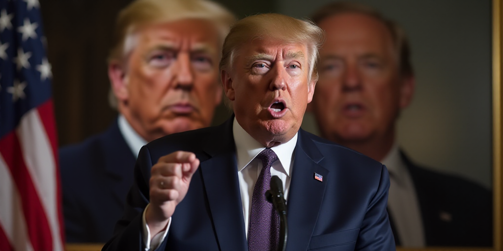 a man in a suit and tie speaking into a microphone in front of a flag and a picture of president tru