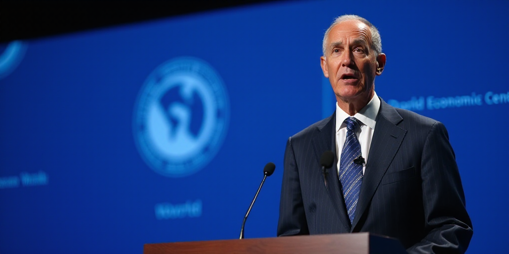 a man in a suit and tie speaking into a microphone at a podium with a blue background and a world ec