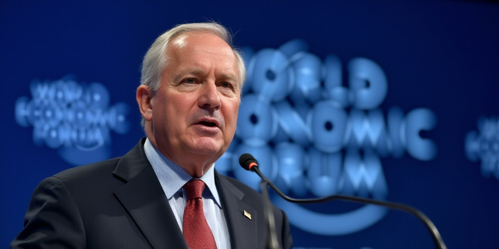 a man in a suit and tie speaking into a microphone with the world economic forum logo behind him and