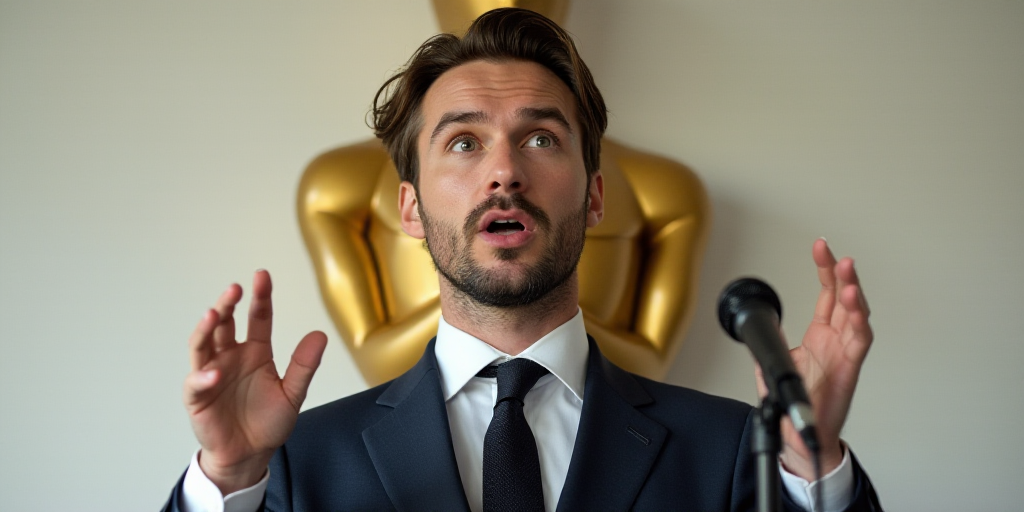 a man in a suit and tie speaking into a microphone with a gold trophy behind him and a white wall be