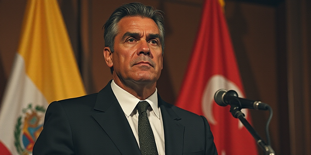 a man in a suit and tie standing in front of a flag and a microphone with a serious look on his face