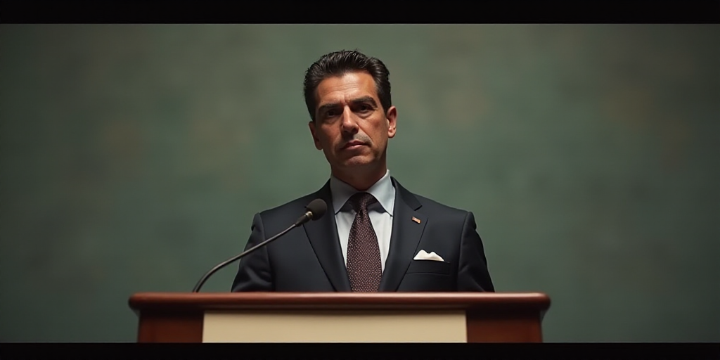 a man in a suit and tie standing at a podium with a microphone in front of him and a sign behind him