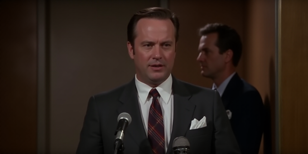 a man in a suit and tie standing in front of a microphone with another man in the background behind