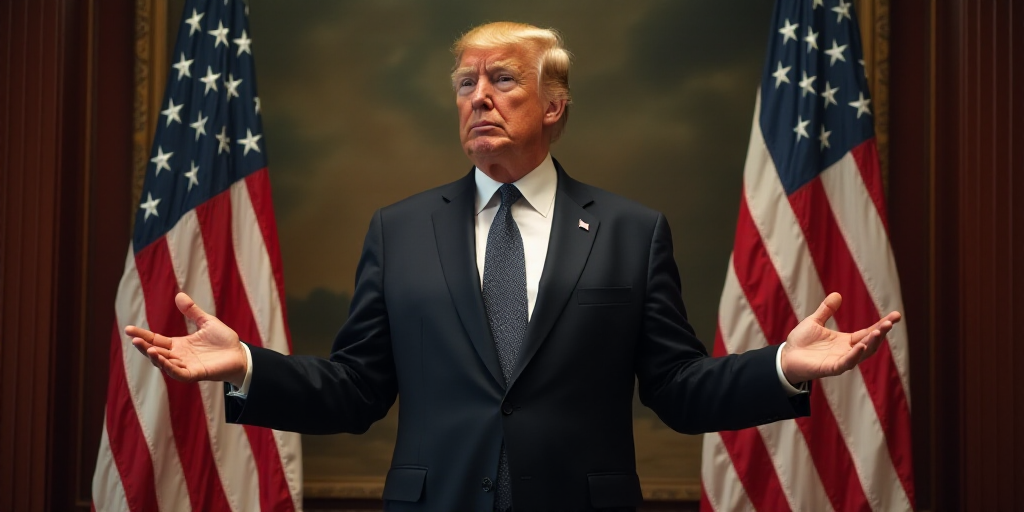 a man in a suit and tie standing in front of two american flags with his hands out in front of him,