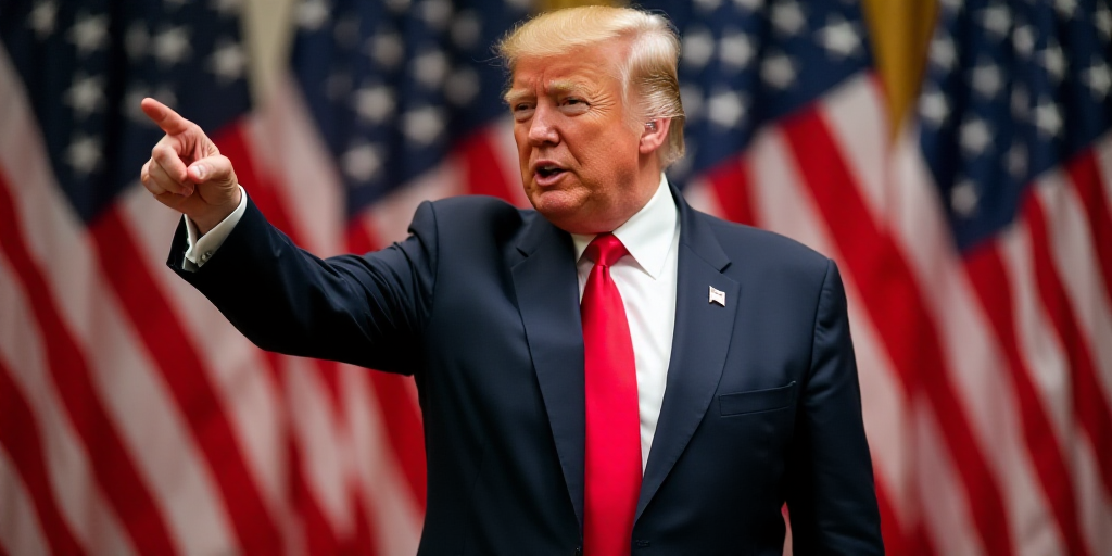 a man in a suit and tie standing in front of american flags and pointing at something with his hand,