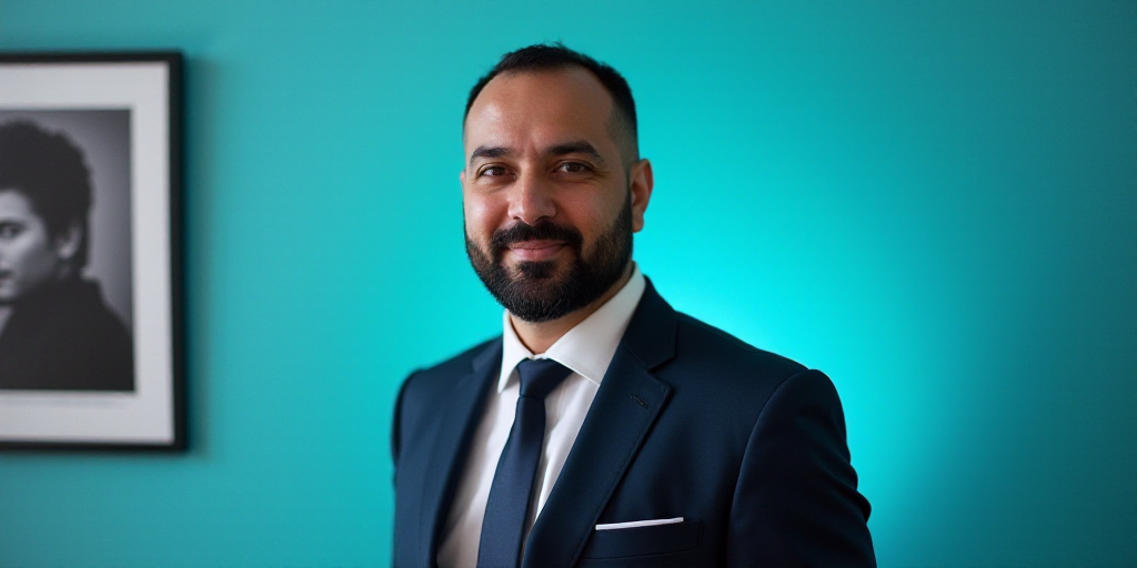 a man in a suit and tie standing in front of a blue background with a black and white photo, Alejand