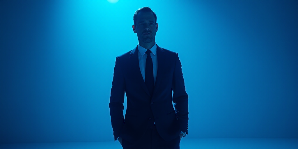 a man in a suit and tie standing in front of a blue background with the words antonio ai showbiz, An