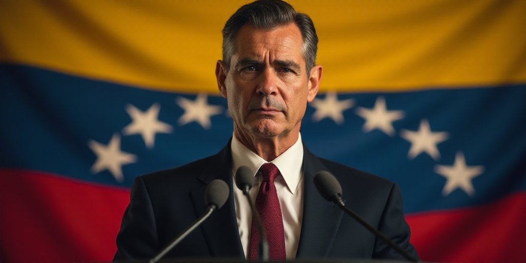a man in a suit and tie standing in front of a flag of venezuela and a microphone in front of him, D