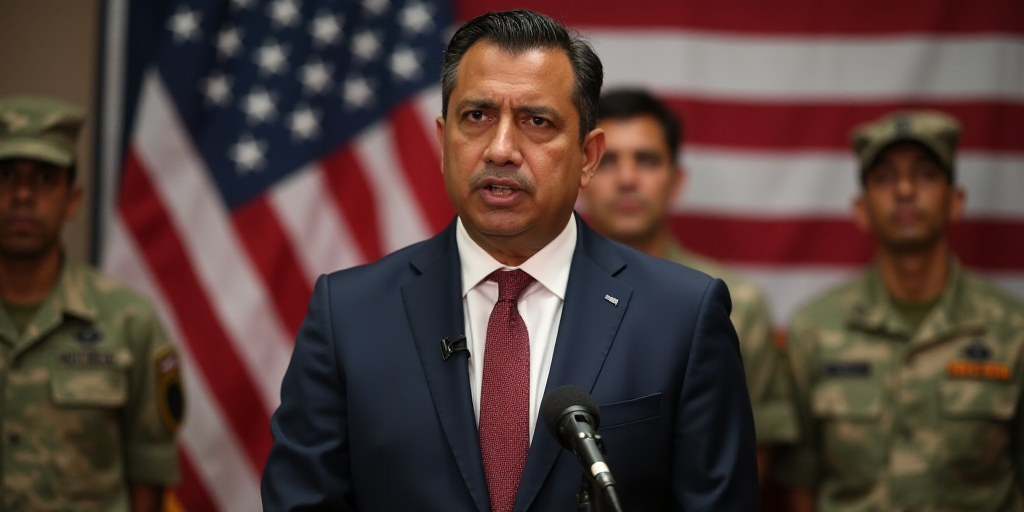 a man in a suit and tie standing in front of a microphone with an american flag behind him and other