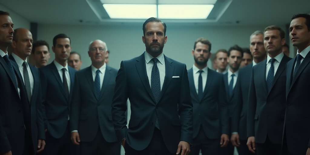 a man in a suit and tie standing in a room with other men in suits and ties around him, Elias Goldbe